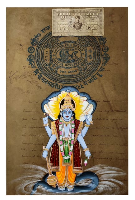 Vintage Paper Painting Lord Vishnu, The Preserver God: Very Fine Work Unframed Wall Hanging; Collectible Indian Superfine Miniature Art (12480H)