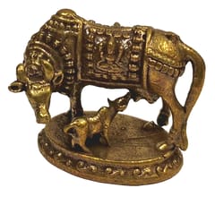 Rare Miniature Brass Idol Kamdhenu Cow & Calf Collectible Statue With Detailed Very Fine Workmanship (12698R)