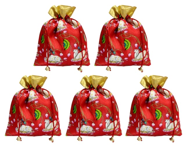 Silk Drawstring Potli Pouch Pack Of 5: Pichwai Art Kamdhenu Cow Print Gift Bags, Red, 9 Inches (12756)