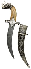 Vintage Collectible Mini-sword For Decoration Or Ceremonies: Antique Elephant Design Hilt With Camel Bone Chips, Damascus Steel Blade, Hand-Engraved Scabbard, 12 inches (A20055)