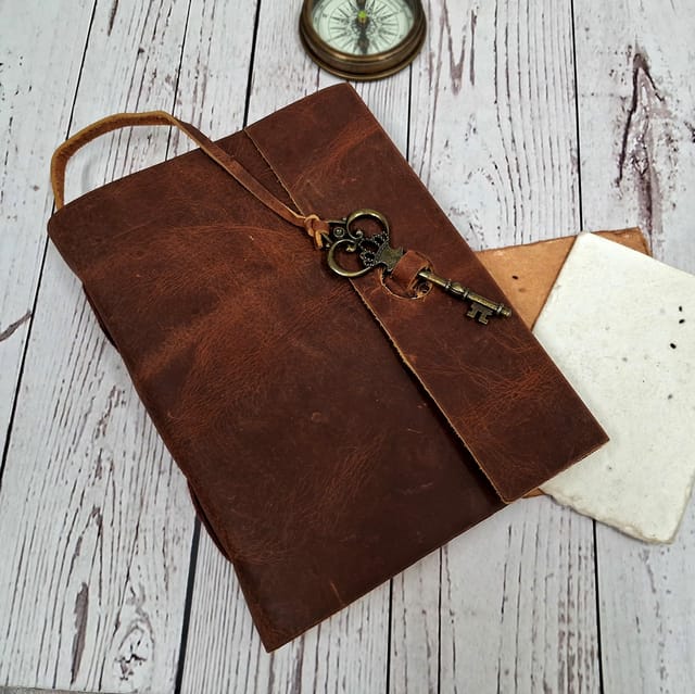 Leather Diary 'Key To Happiness': Handmade Paper Journal for Corporate Gift or Personal Memoir (11685)