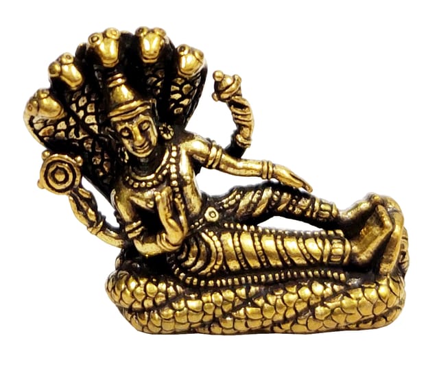 Rare Miniature Brass Idol Vishnu Resting on Sheshnag Serpent In Ananthasayanam Pose: Collectible Statue With Detailed Very Fine Workmanship (12698T)