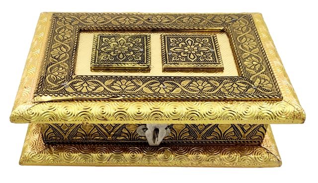 Wooden Dry Fruits Box With Oxidized Metal Sheet 'Nature Garden': For 250 Grams Nuts Chocolates Diwali Festival Gift (11497)