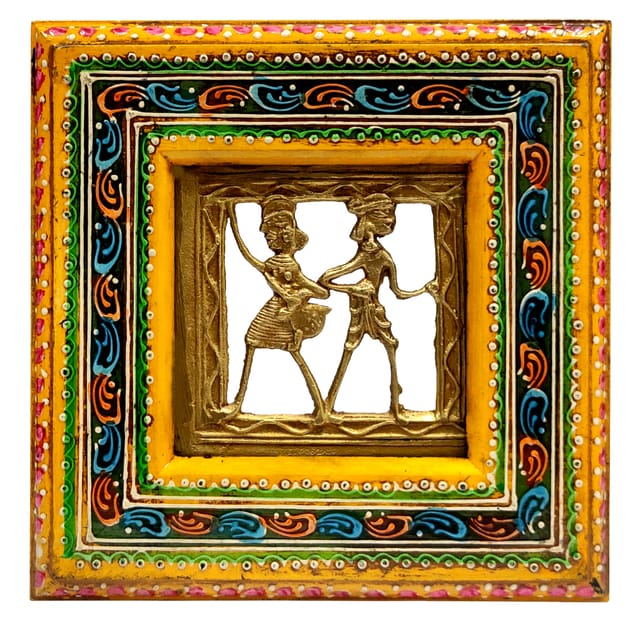 Brass Wall Hanging 'Always Together': Dokra Craft Tribal Art Plaque In Hand Painted Wooden Frame (11435PF)