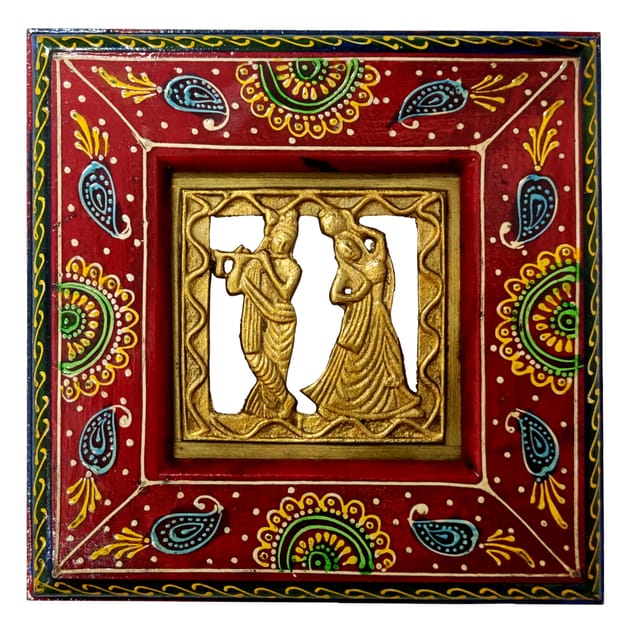 Dokra Craft Tribal Art Plaque Wall Hanging "Radha Krishna" In Hand Painted Wooden Frame (11438PF)