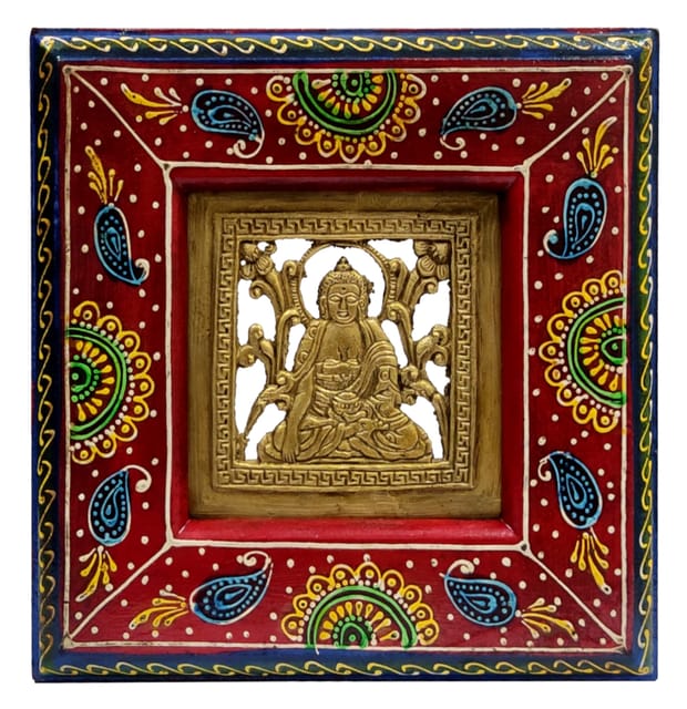 Dokra Craft Tribal Art Plaque Wall Hanging "Buddha" In Hand Painted Wooden Frame (11439PF)