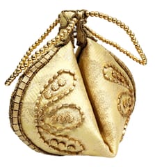 Silk Clutch Purse In Pyramid Design: Ladies Handbag Potli With Sequin Embroidery, Gold (12531D)