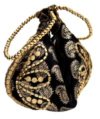 Silk Clutch Purse In Pyramid Design: Ladies Handbag Potli With Sequin Embroidery, Black (12531E)