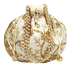 Silk Potli Bag (Clutch, Drawstring Purse): Intricate Gold Thread & Sequin Embroidery Satchel For Women, Golden (12602E)