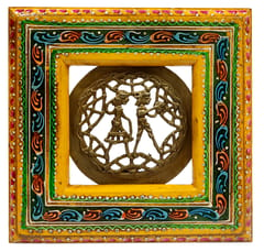 Brass Wall Hanging 'Working Couple': Dokra Craft Tribal Art Round Plaque In Hand Painted Wooden Frame (11437PF)