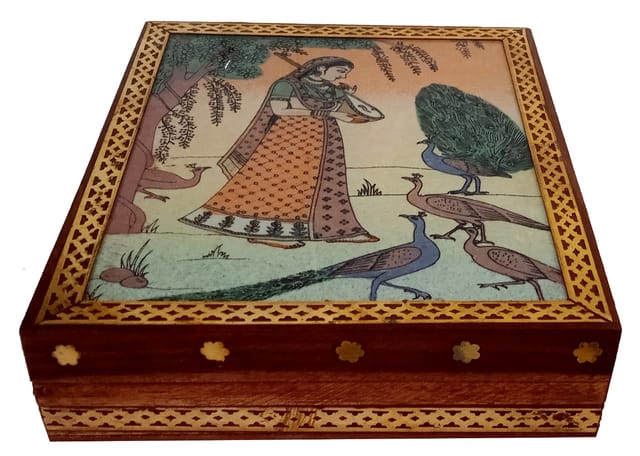 Wooden Gemstone Painting Box "Folk Lady Ragini": Collectible Souvenir Gift, 4*5 Inch (12522E)