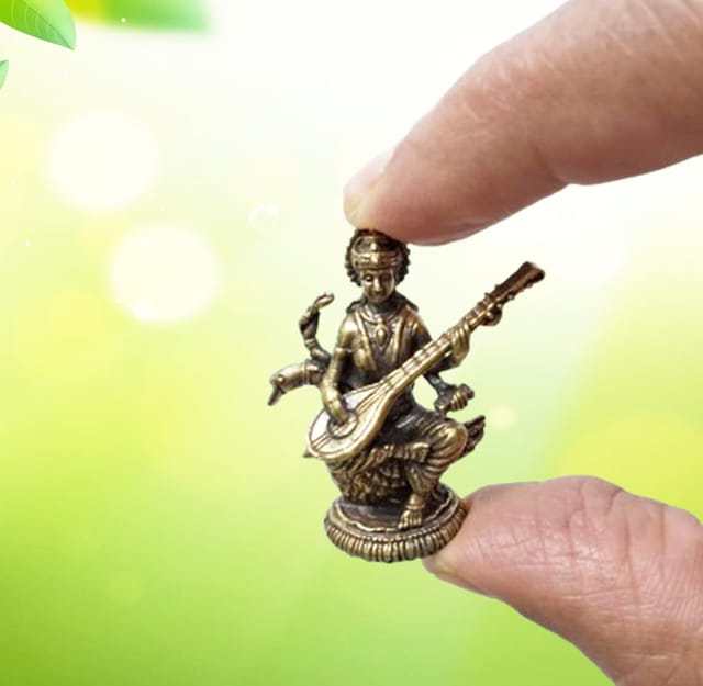 Rare Miniature Brass Idol Saraswati (Saraswathi), Hindu Goddess Of Knowledge, Music & Art: Collectible Statue With Detailed Very Fine Workmanship (12698Z3)