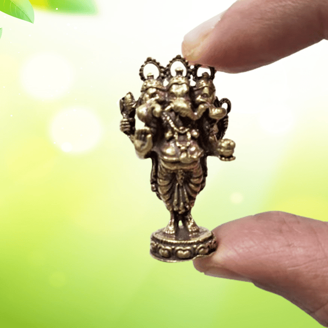 Rare Miniature Brass Idol Trimukhi Three Headed Ganesha Ganapati: Collectible Statue With Detailed Very Fine Workmanship (12698Z6)