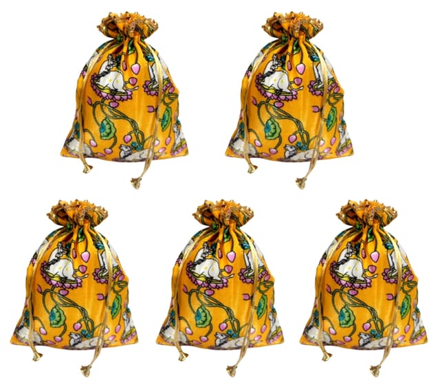 Silk Drawstring Potli Pouch Pack Of 5: Pichwai Art Kamdhenu Cow Print Gift Bags, Yellow, 9 Inches (12756A)