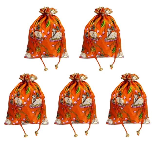 Silk Drawstring Potli Pouch Pack Of 5: Pichwai Art Kamdhenu Cow Print Gift Bags, Orange, 9 Inches (12756B)